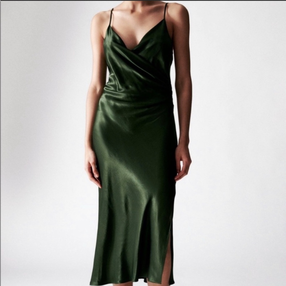 Zara Women's Green Satin Side Slit Midi Dress